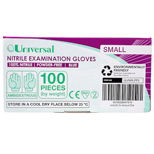 Universal Choice Nitrile Examination Gloves Small Size AS NZ Standard Powder Free 100/Box 1000/Carton - Blue x5