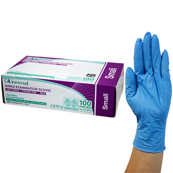 Universal Nitrile Examination Gloves ASNZ Powder Free EN374 Small HACCP 100/Box - Blue x45