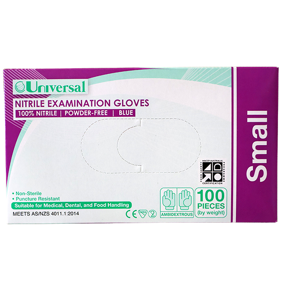 Universal Nitrile Examination Gloves ASNZ Powder Free EN374 Small HACCP 100/Box - Blue x45