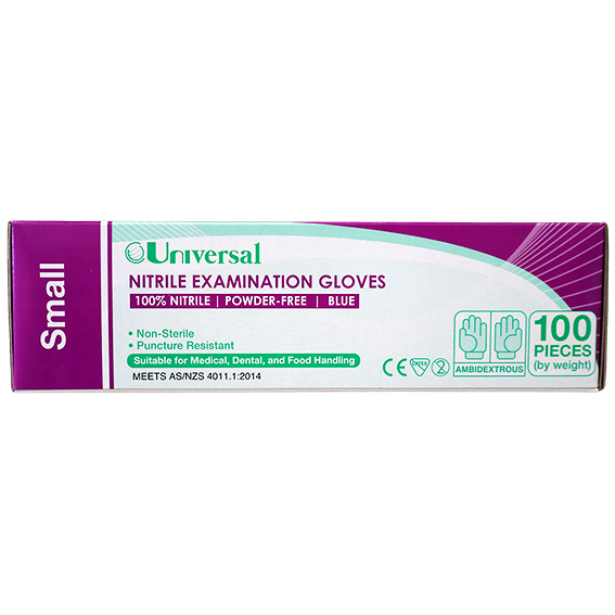 Universal Nitrile Examination Gloves ASNZ Powder Free EN374 Small HACCP 100/Box - Blue x45