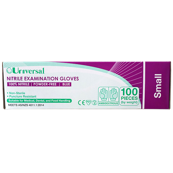Universal Nitrile Examination Gloves ASNZ Powder Free EN374 Small HACCP 100/Box - Blue x45