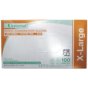 Universal Choice Nitrile Examination Gloves Extra Large Size AS NZ Standard Powder Free 100/Box 1000/Carton - Blue x5