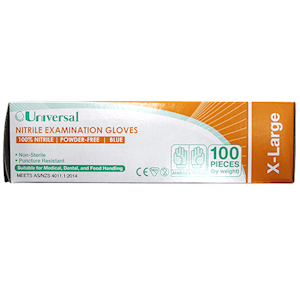 Universal Choice Nitrile Examination Gloves Extra Large Size AS NZ Standard Powder Free 100/Box 1000/Carton - Blue x5