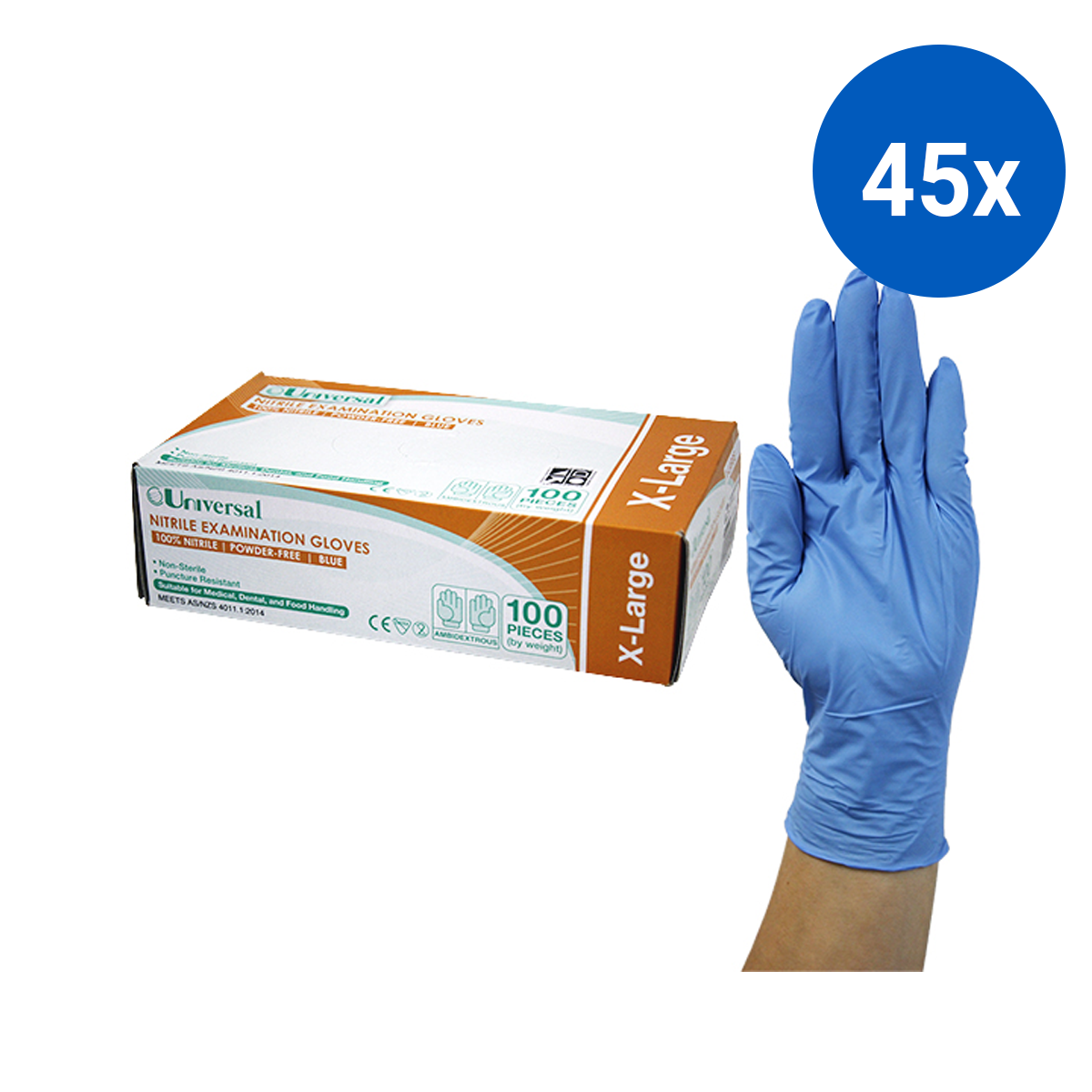 Universal Nitrile Examination Gloves ASNZ Powder Free EN374 Extra Large HACCP 100/Box - Blue x45