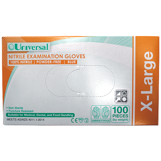 Universal Nitrile Examination Gloves ASNZ Powder Free EN374 Extra Large HACCP 100/Box - Blue x45