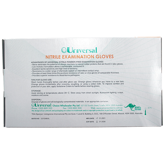 Universal Nitrile Examination Gloves ASNZ Powder Free EN374 Extra Large HACCP 100/Box - Blue x45