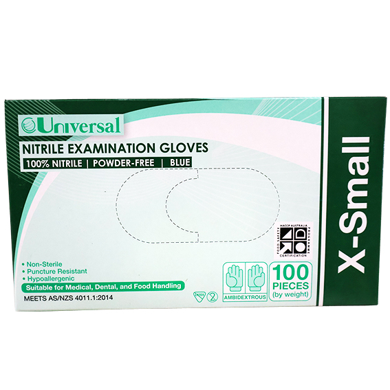 Universal Nitrile Examination Gloves AS NZ Powder Free EN374 Extra Small HACCP 100/Box - Blue x45