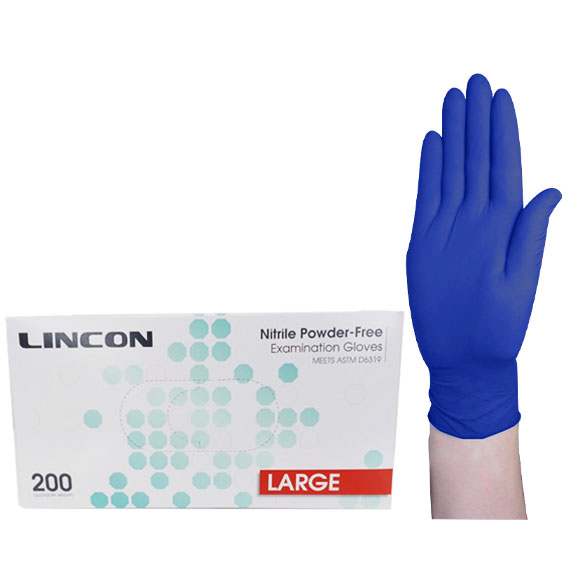 Lincon Nitrile Examination Gloves ASTM Powder Free EN374 Large HACCP 200/Box - Cobalt Blue x30