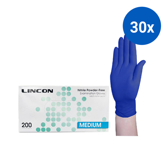 Lincon Nitrile Examination Gloves ASTM Powder Free EN374 Medium HACCP 200/Box - Cobalt Blue x30
