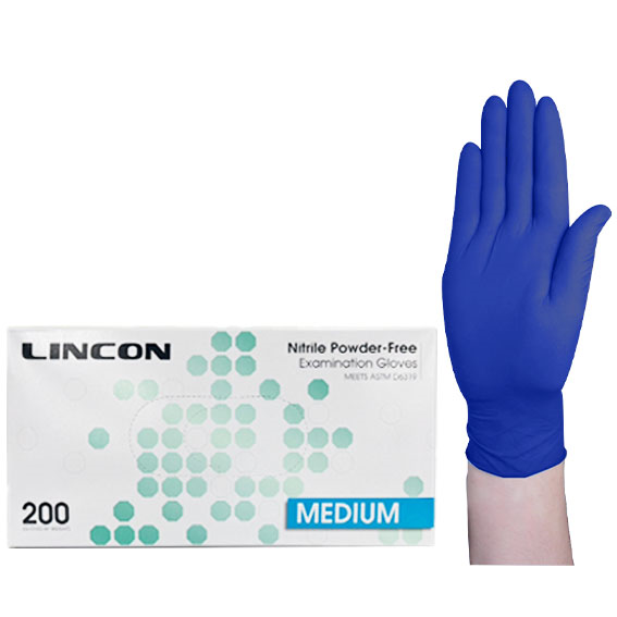 Lincon Nitrile Examination Gloves ASTM Powder Free EN374 Medium HACCP 200/Box - Cobalt Blue x30