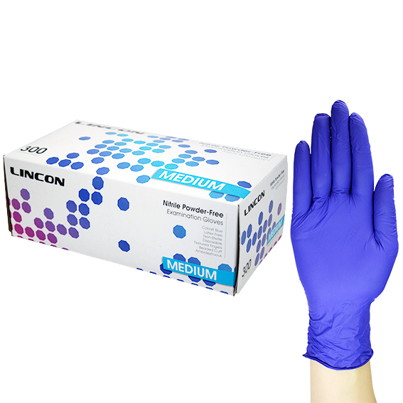 Lincon Nitrile Gloves Examination Non Sterile Medium 300/Box - Cobalt Blue x20