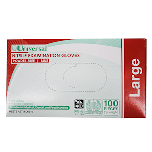 Universal Choice Nitrile Examination Gloves Large Size ASTM Standard Powder Free 100/Box 1000/Carton - Blue x10