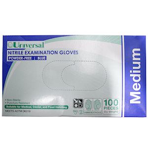 Universal Choice Nitrile Examination Gloves Medium Size ASTM Standard Powder Free 100/Box 1000/Carton - Blue x10
