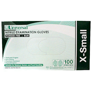 Universal Nitrile Examination Gloves Extra Small Size ASTM Standard Powder Free 100/Box - Blue x60