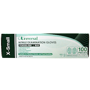 Universal Nitrile Examination Gloves Extra Small Size ASTM Standard Powder Free 100/Box - Blue x60