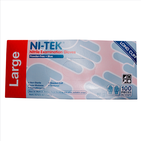 Ni-Tek Nitrile Examination Gloves Long Cuff 300mm AS/NZ Powder Free EN374 Large HACCP 100/Box - Blue x35