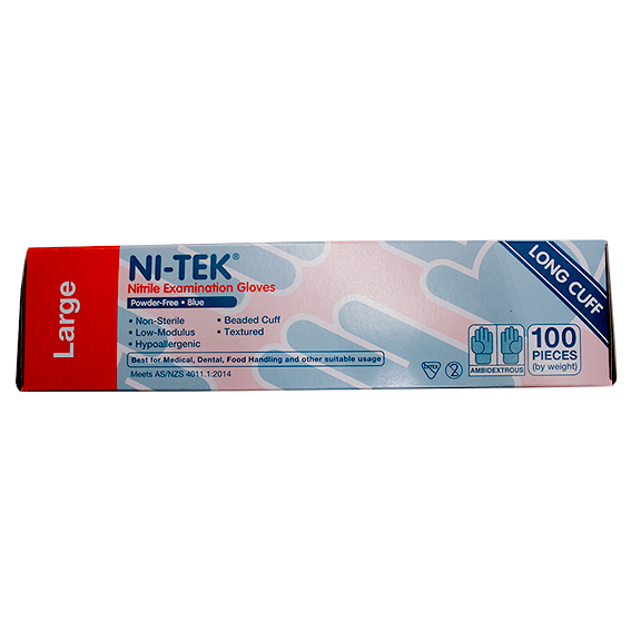 Ni-Tek Nitrile Examination Gloves Long Cuff 300mm AS/NZ Powder Free EN374 Large HACCP 100/Box - Blue x35