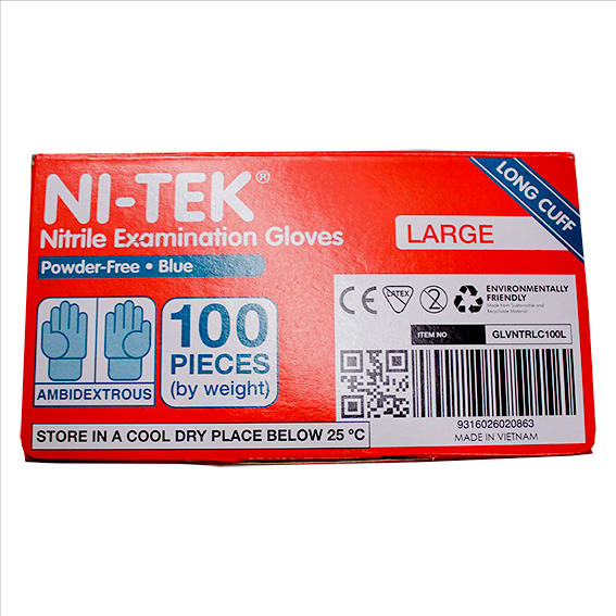 Ni-Tek Nitrile Examination Gloves Long Cuff 300mm AS/NZ Powder Free EN374 Large HACCP 100/Box - Blue x35
