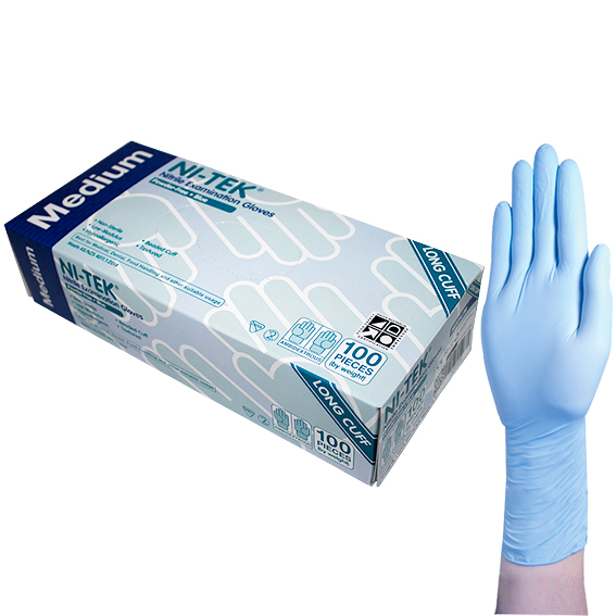 Ni-Tek Nitrile Examination Gloves Long Cuff 300mm AS/NZ Powder Free EN374 Medium HACCP 100/box - Blue x35
