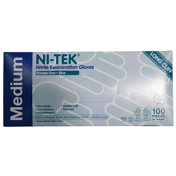 Ni-Tek Nitrile Examination Gloves Long Cuff 300mm AS/NZ Powder Free EN374 Medium HACCP 100/box - Blue x35