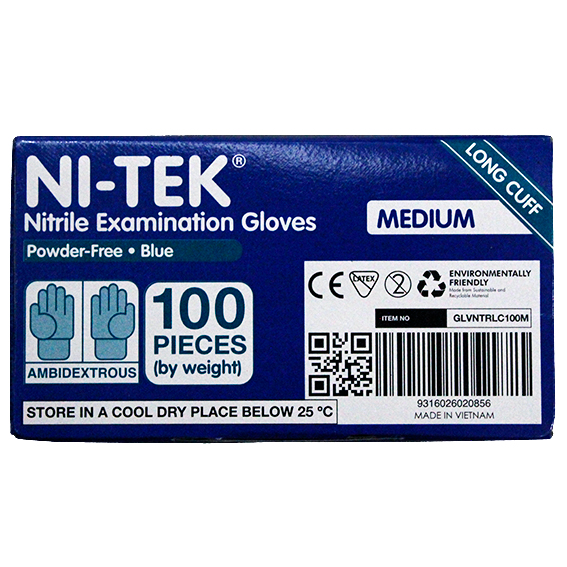 Ni-Tek Nitrile Examination Gloves Long Cuff 300mm AS/NZ Powder Free EN374 Medium HACCP 100/box - Blue x35