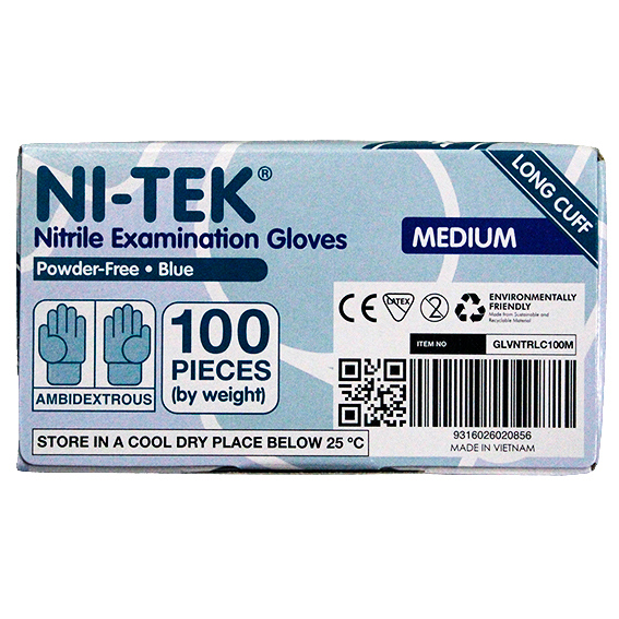 Ni-Tek Nitrile Examination Gloves Long Cuff 300mm AS/NZ Powder Free EN374 Medium HACCP 100/box - Blue x35
