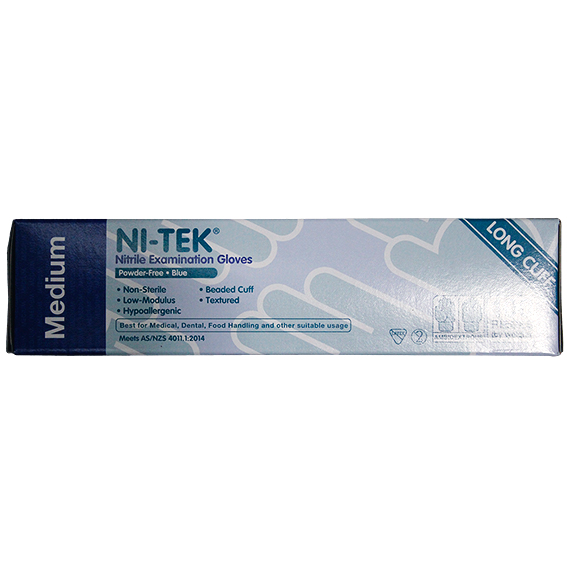 Ni-Tek Nitrile Examination Gloves Long Cuff 300mm AS/NZ Powder Free EN374 Medium HACCP 100/box - Blue x35