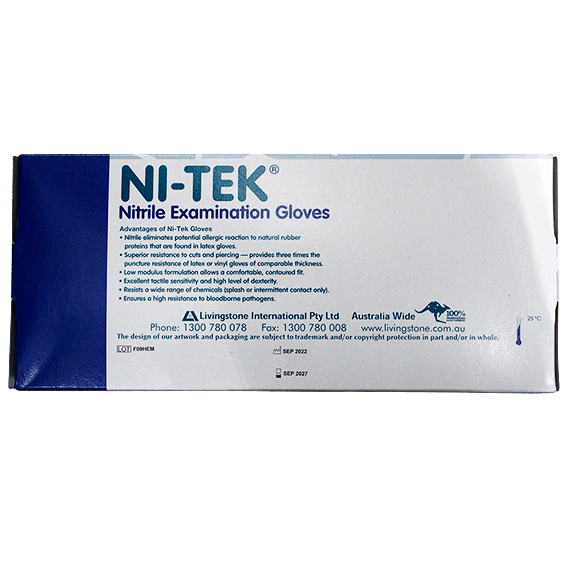 Ni-Tek Nitrile Examination Gloves Long Cuff 300mm AS/NZ Powder Free EN374 Medium HACCP 100/box - Blue x35