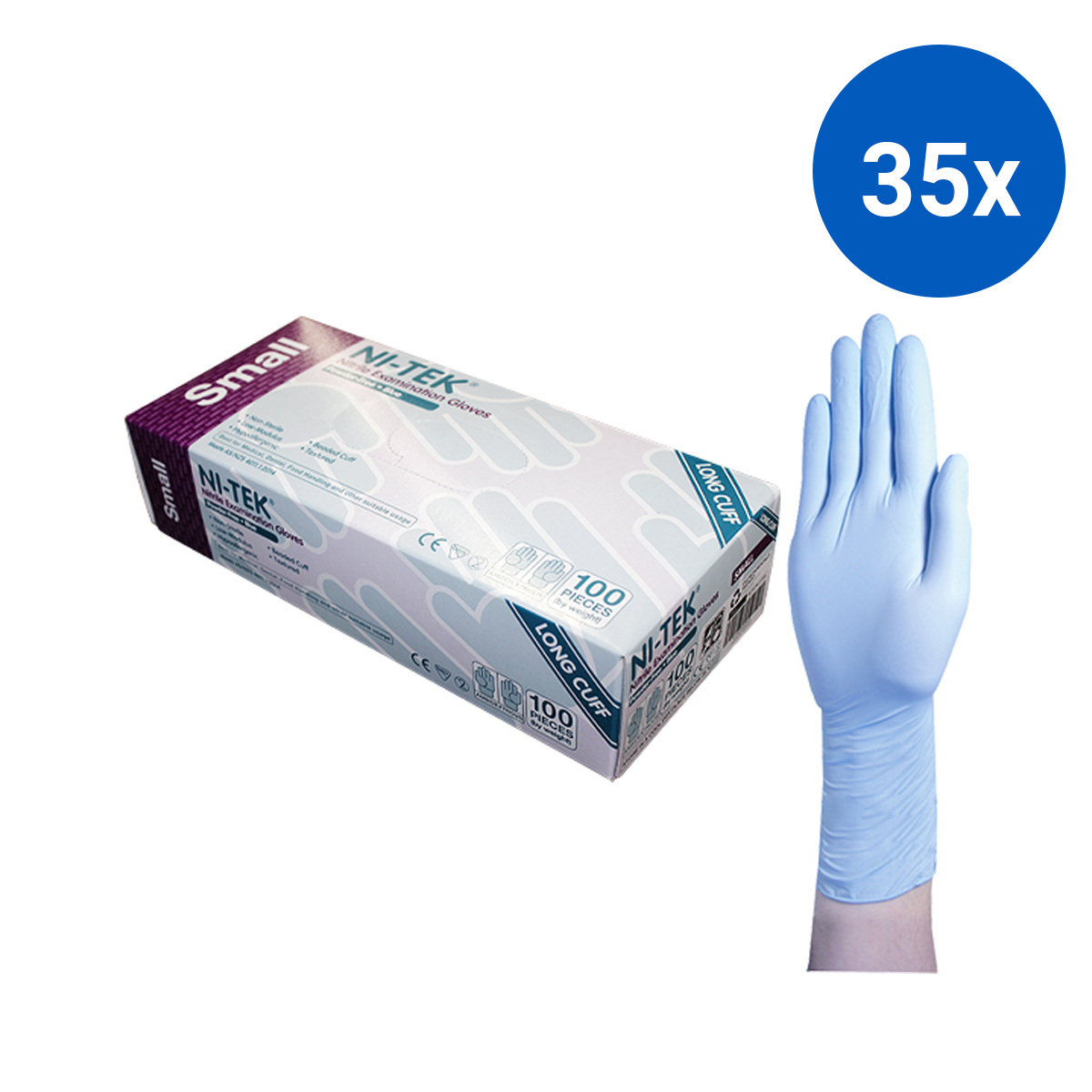 Ni-Tek Nitrile Examination Gloves Long Cuff 300mm AS/NZ Powder Free EN374 Small HACCP 100/Box - Blue x35