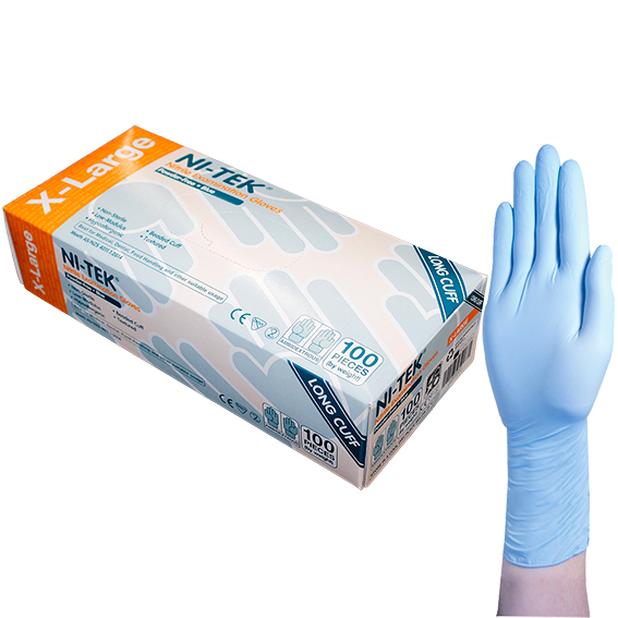 Ni-Tek Nitrile Examination Gloves Long Cuff 300mm AS/NZ Powder Free EN374 Extra Large HACCP 100/Box - Blue x30