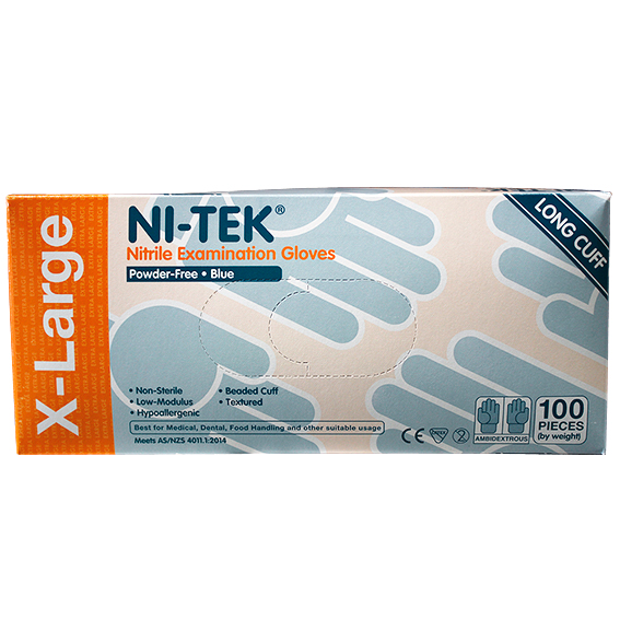 Ni-Tek Nitrile Examination Gloves Long Cuff 300mm AS/NZ Powder Free EN374 Extra Large HACCP 100/Box - Blue x30