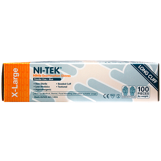 Ni-Tek Nitrile Examination Gloves Long Cuff 300mm AS/NZ Powder Free EN374 Extra Large HACCP 100/Box - Blue x30
