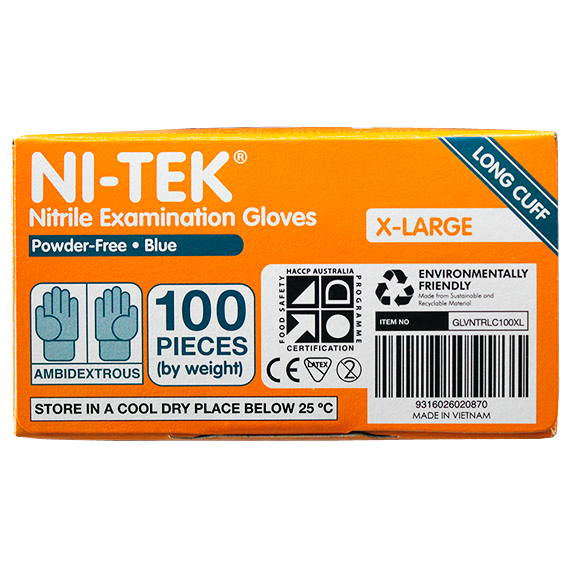 Ni-Tek Nitrile Examination Gloves Long Cuff 300mm AS/NZ Powder Free EN374 Extra Large HACCP 100/Box - Blue x30