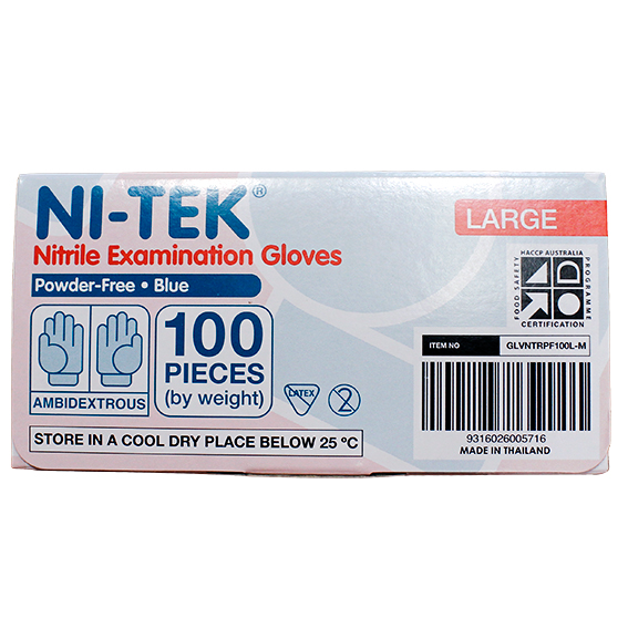 Ni-Tek Nitrile Premium Gloves AS NZ Powder Free EN374 Large HACCP 100/Box - Blue x40