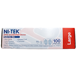 Ni-Tek Nitrile Premium Gloves AS NZ Standard Large Size Powder Free 100/Box 1000/Carton - Blue x5