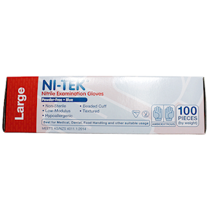 Ni-Tek Nitrile Premium Gloves AS NZ Standard Large Size Powder Free 100/Box 1000/Carton - Blue x5