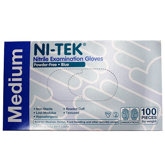 Ni-Tek Nitrile Premium Gloves AS NZ Powder Free EN374 Medium HACCP 100/Box - Blue x40