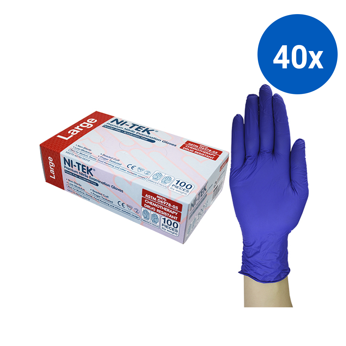 Ni-Tek Nitrile Accelerator Free Gloves ASTM Powder Free EN374 Large 100/Box - Blueple x40