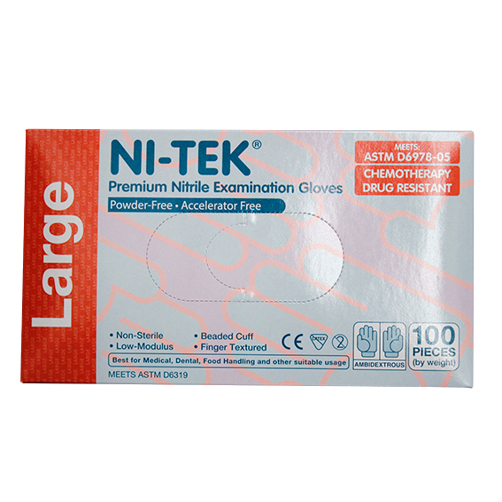 Ni-Tek Nitrile Accelerator Free Gloves ASTM Powder Free EN374 Large 100/Box - Blueple x40