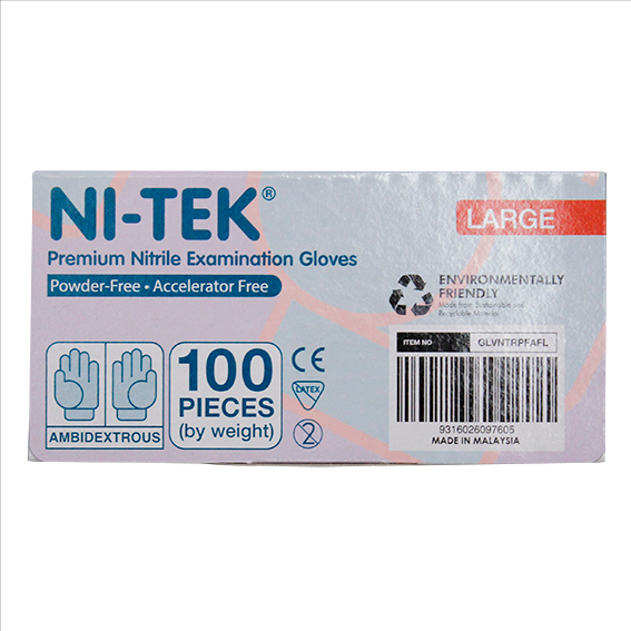 Ni-Tek Nitrile Accelerator Free Gloves ASTM Powder Free EN374 Large 100/Box - Blueple x40