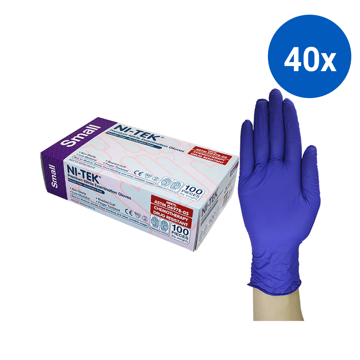 Ni-Tek Nitrile Accelerator Free Gloves ASTM Powder Free EN374 Small 100/Box - Blue x40