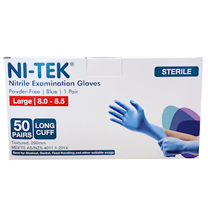 Ni-Tek Nitrile STERILE Exam Gloves Textured Powder Free 290mm Long Cuff Large Size 50 Pairs/Box - Blue x10