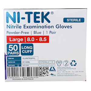 Ni-Tek Nitrile STERILE Exam Gloves Textured Powder Free 290mm Long Cuff Large Size 50 Pairs/Box - Blue x10