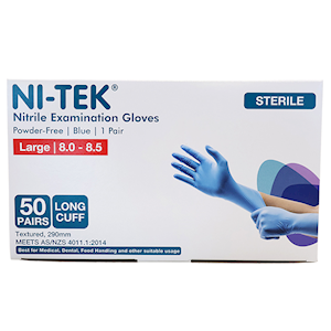 Ni-Tek Nitrile STERILE Exam Gloves Textured Powder Free 290mm Long Cuff Large Size 50 Pairs/Box - Blue x10