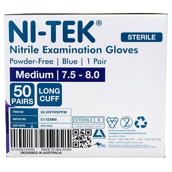 Ni-Tek Nitrile STERILE Exam Gloves 290mm 1 Pair/Pack 50 Pairs/Box - Blue x10