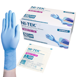 Ni-Tek Nitrile STERILE Exam Gloves Textured Powder Free 290mm Long Cuff Small Size 50 Pairs/Box - Blue x10
