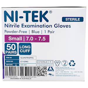 Ni-Tek Nitrile STERILE Exam Gloves Textured Powder Free 290mm Long Cuff Small Size 50 Pairs/Box - Blue x10