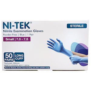 Ni-Tek Nitrile STERILE Exam Gloves Textured Powder Free 290mm Long Cuff Small Size 50 Pairs/Box - Blue x10