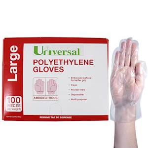 Universal Choice Disposable Polyethylene Gloves Large Size Recyclable Latex Free 100/Pack - Clear