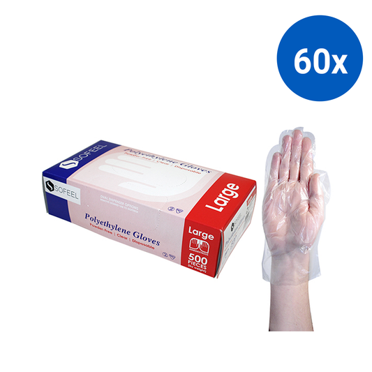 Sofeel Disposable Polyethylene Gloves Large Powder Free Latex Free 500/Box - Clear x60